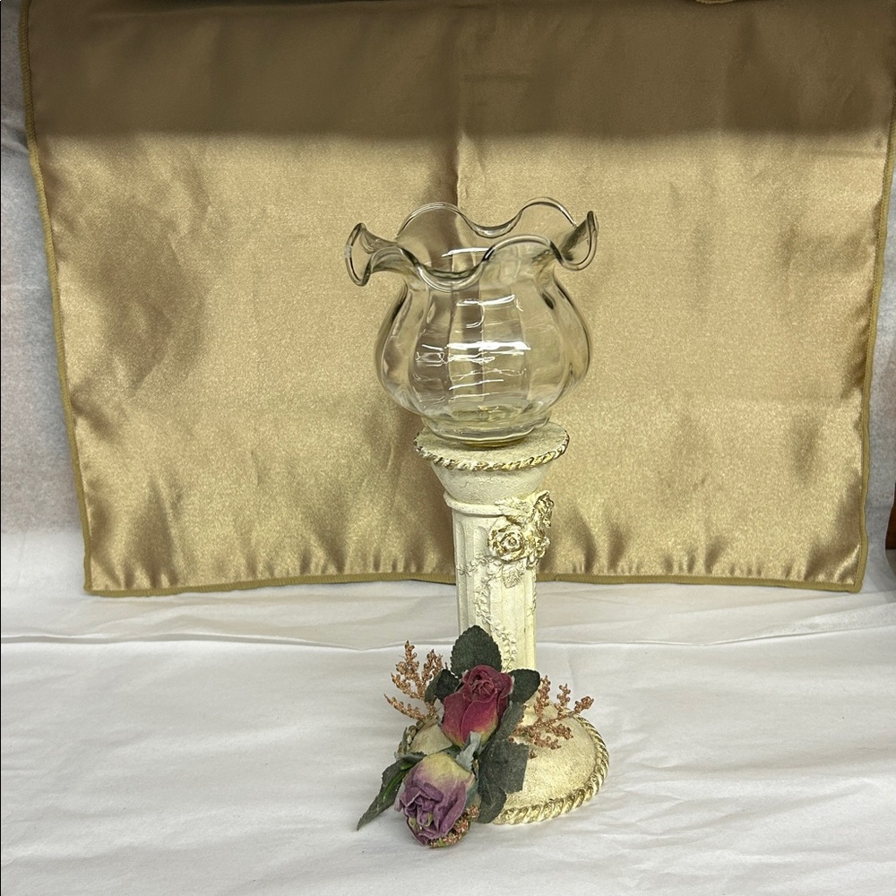 Neutral Ivory Decorative Glass Hurricane Lamp with Floral Accent